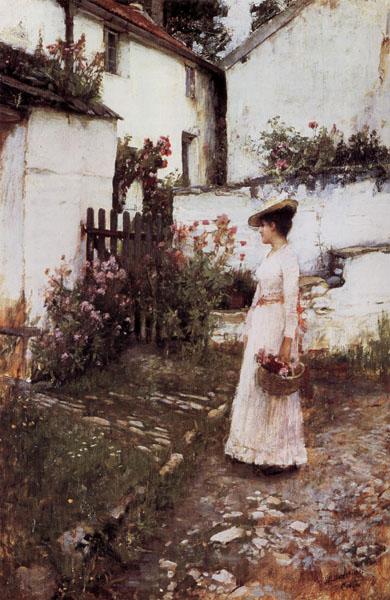 John William Waterhouse Gathering Flowers in a Devonshire Garden Norge oil painting art